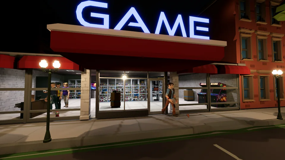 The storefront at night under a glowing GAME sign